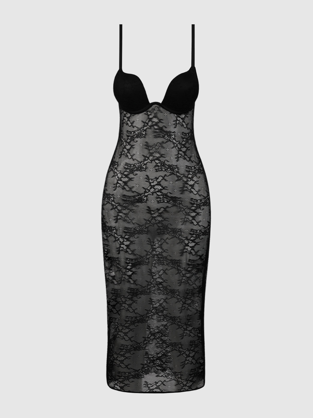 The Rising Star Plunge Pia Lace Gown by Frederick's of Hollywood features a black sheer floral lace midi design, thin spaghetti straps, and a fitted bustier top, shown against a plain light gray background.