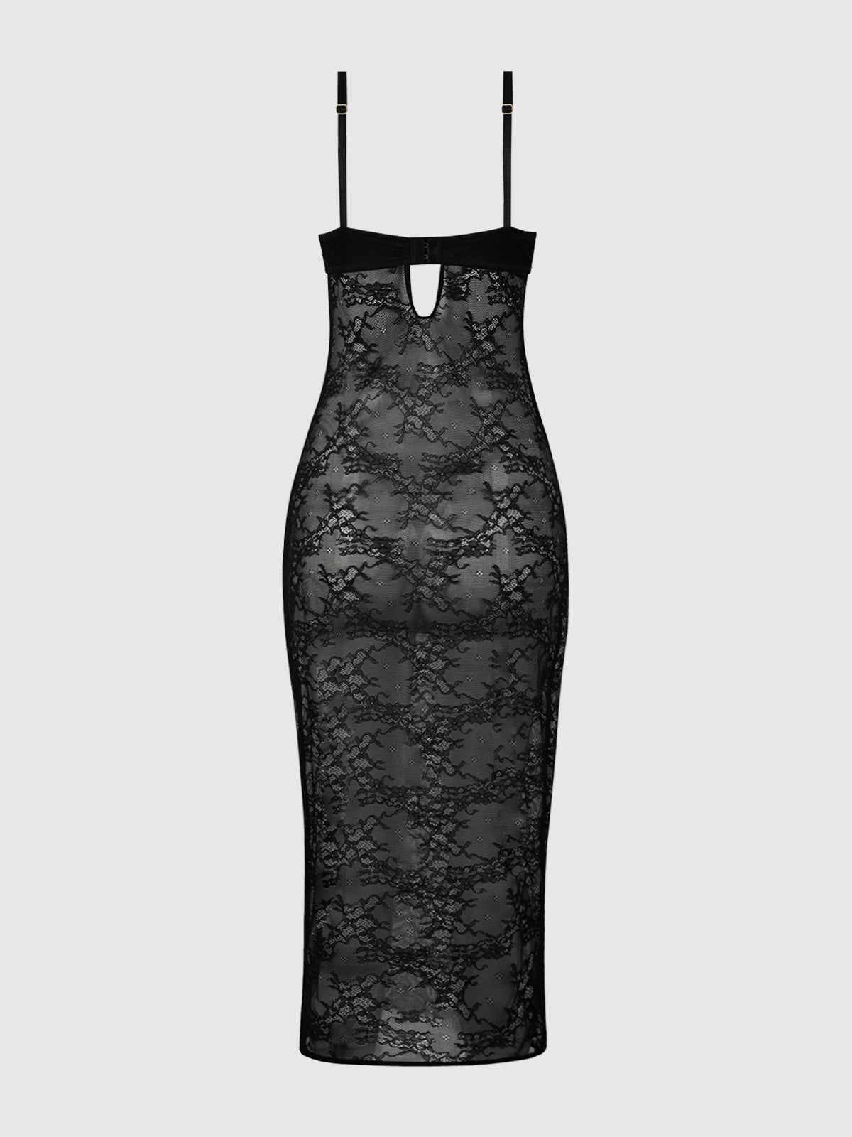 The Frederick's of Hollywood Rising Star Plunge Pia Lace Gown is a black lace midi dress with thin adjustable straps, a chest keyhole cutout, and fitted silhouette. Sheer floral lace fabric. Shown against a plain gray background.
