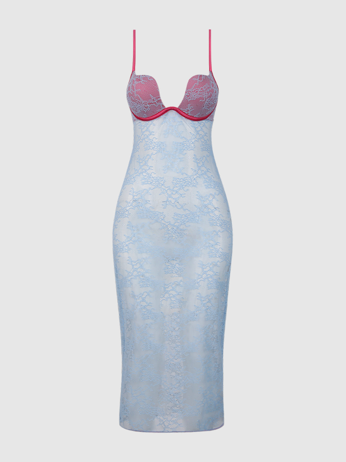 The Rising Star Plunge Pia Lace Gown by Frederick's of Hollywood is a sleeveless, form-fitting midi dress with sheer light blue lace overlay, a pink lace bustier-style top, thin pink straps, and underwire detail.