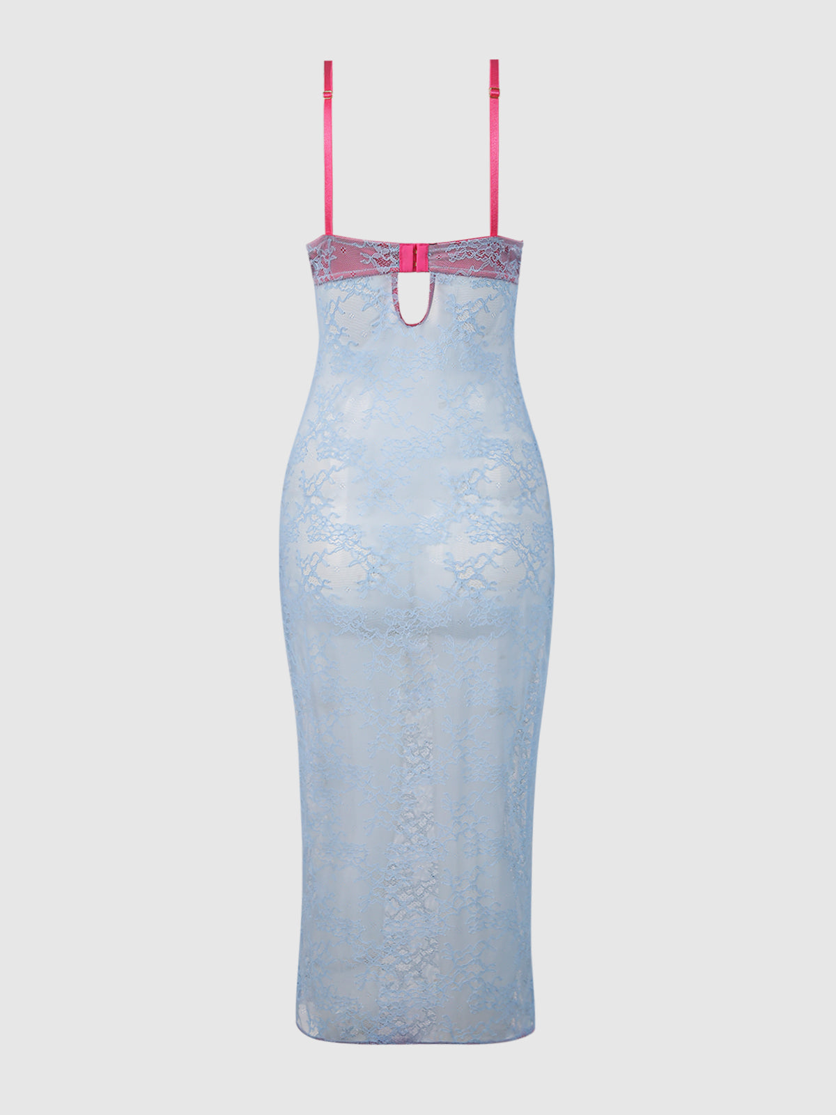 The Rising Star Plunge Pia Lace Gown by Frederick's of Hollywood is a long, sheer light blue lace dress featuring thin pink adjustable straps, a pink keyhole back detail, and an ankle-length fitted silhouette.