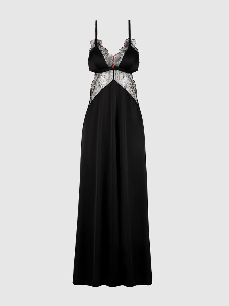 Ilaria Embroidered Tulle Triangle Top Long Gown by Frederick’s of Hollywood, a black floor-length nightgown featuring a triangle top, sheer embroidered tulle bodice panels, and a red center accent.