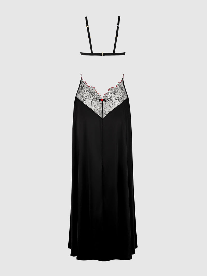 Ilaria Embroidered Tulle Triangle Top Long Gown in black, featuring a sheer, floral-embroidered triangle bodice and a matching strappy bra piece.