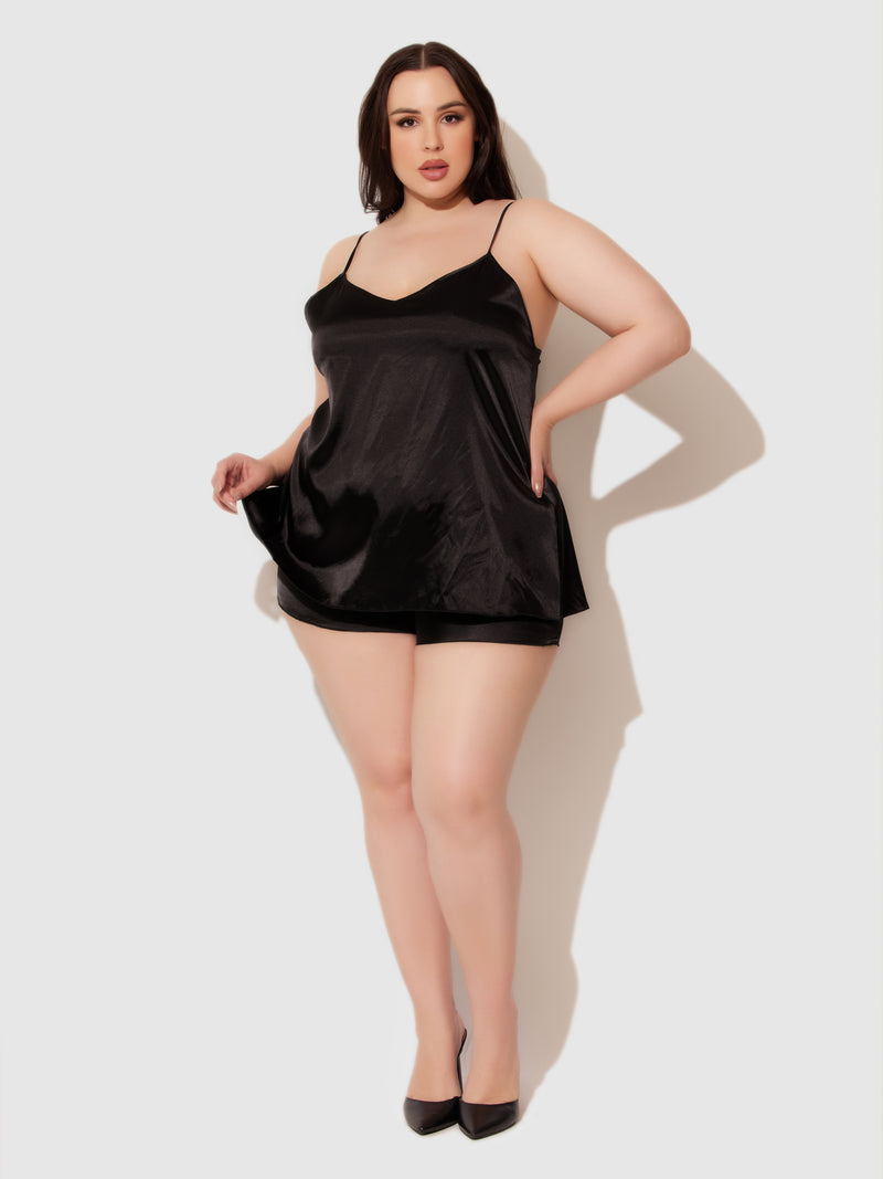 Richelle V-Neck & Fly Away Back Satin Cami And Short - Frederick's of Hollywood