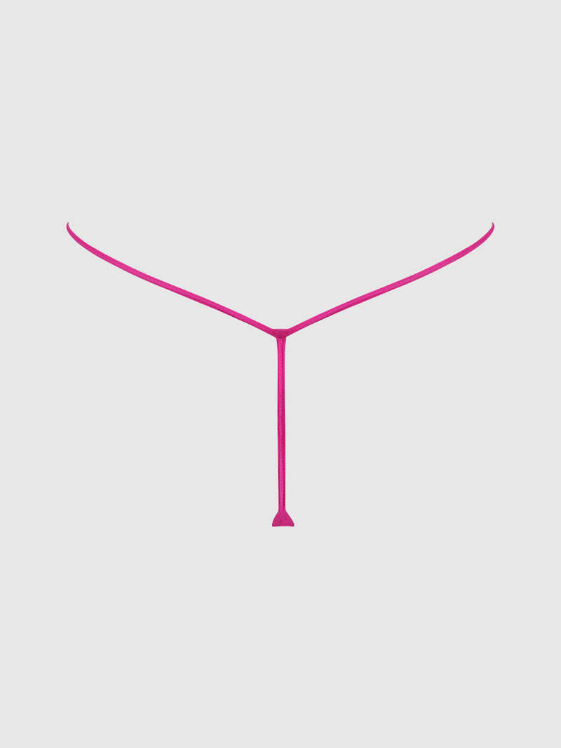 A minimalist image shows the Exxtreme Microfiber Mini G-String by Frederick's of Hollywood in pink, with thin straps on a light gray background—ideal sexy lingerie available in multiple colors.