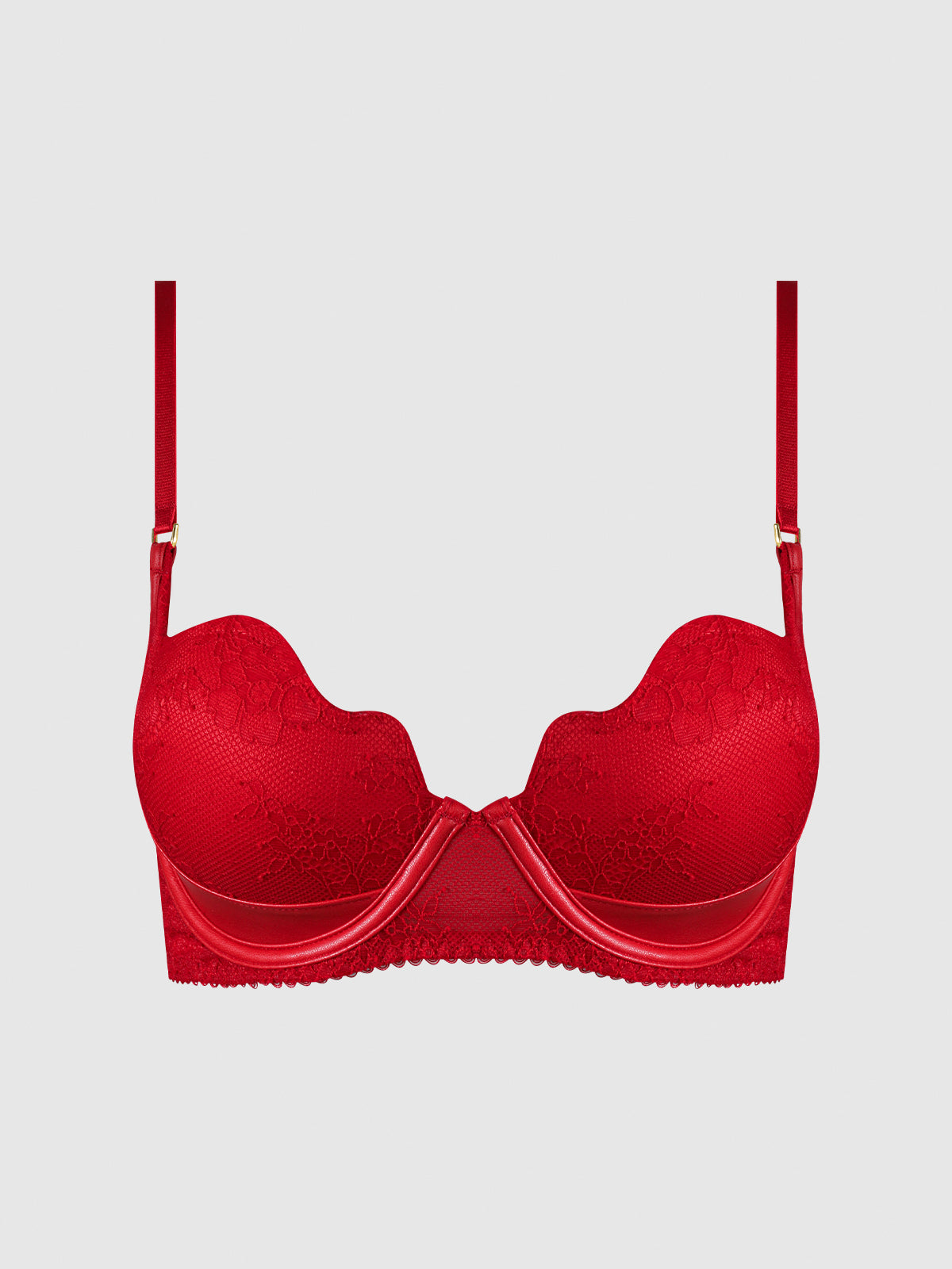 The Chiara Lace & Faux Leather Director's Cut Balconette Bra by Frederick's of Hollywood features red floral lace, underwire, adjustable straps, scalloped cup edging, and is shown against a plain light gray background.