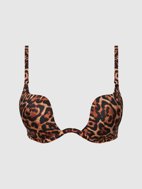 The Frederick's of Hollywood Rising Star Swirl Plunge Push Up Bra is a padded bra with adjustable straps, showcasing a bold leopard print in brown, black, and orange on a plain white background.