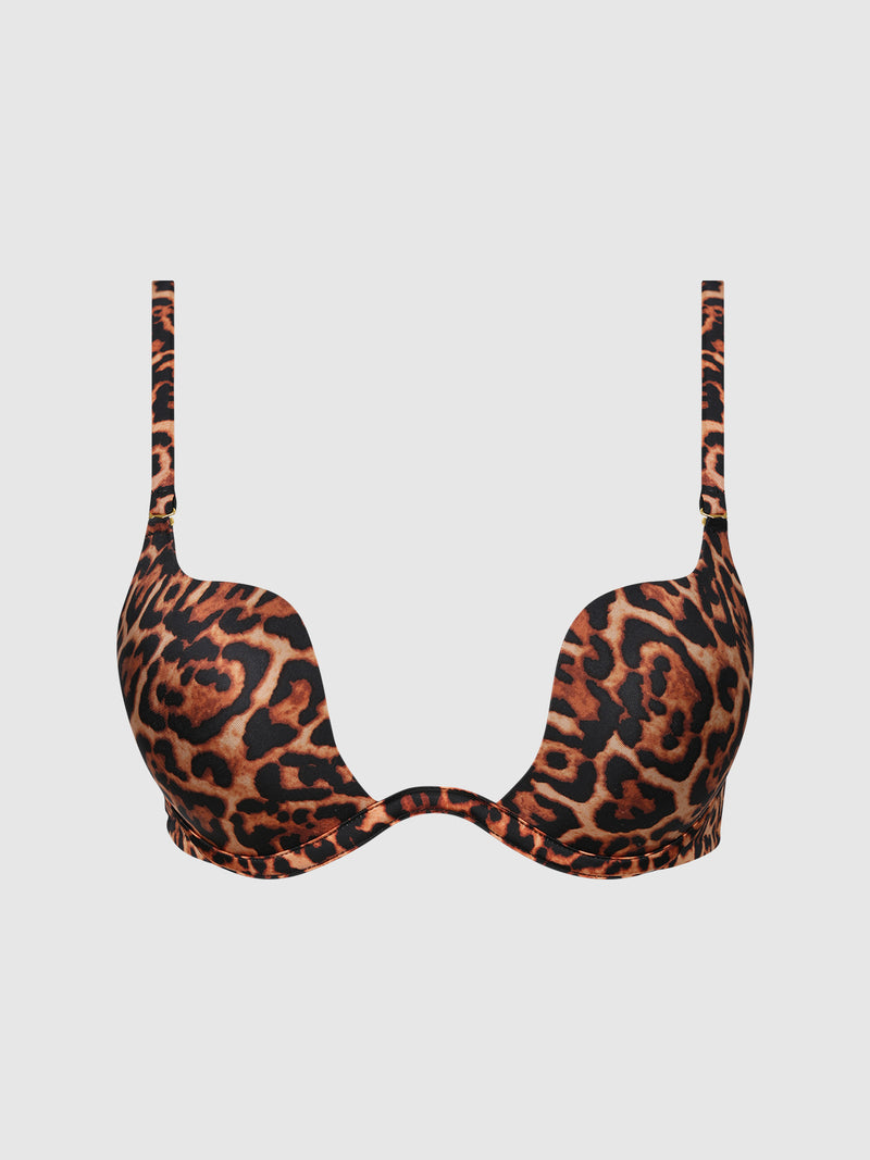 The Frederick's of Hollywood Rising Star Swirl Plunge Push Up Bra is a padded bra with adjustable straps, showcasing a bold leopard print in brown, black, and orange on a plain white background.