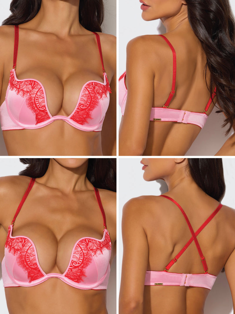A woman models the Frederick's of Hollywood Starlette Liquid Satin & Lace Balconette Bra in pink and red. Shown from multiple angles, the bra features red straps and lace detailing.