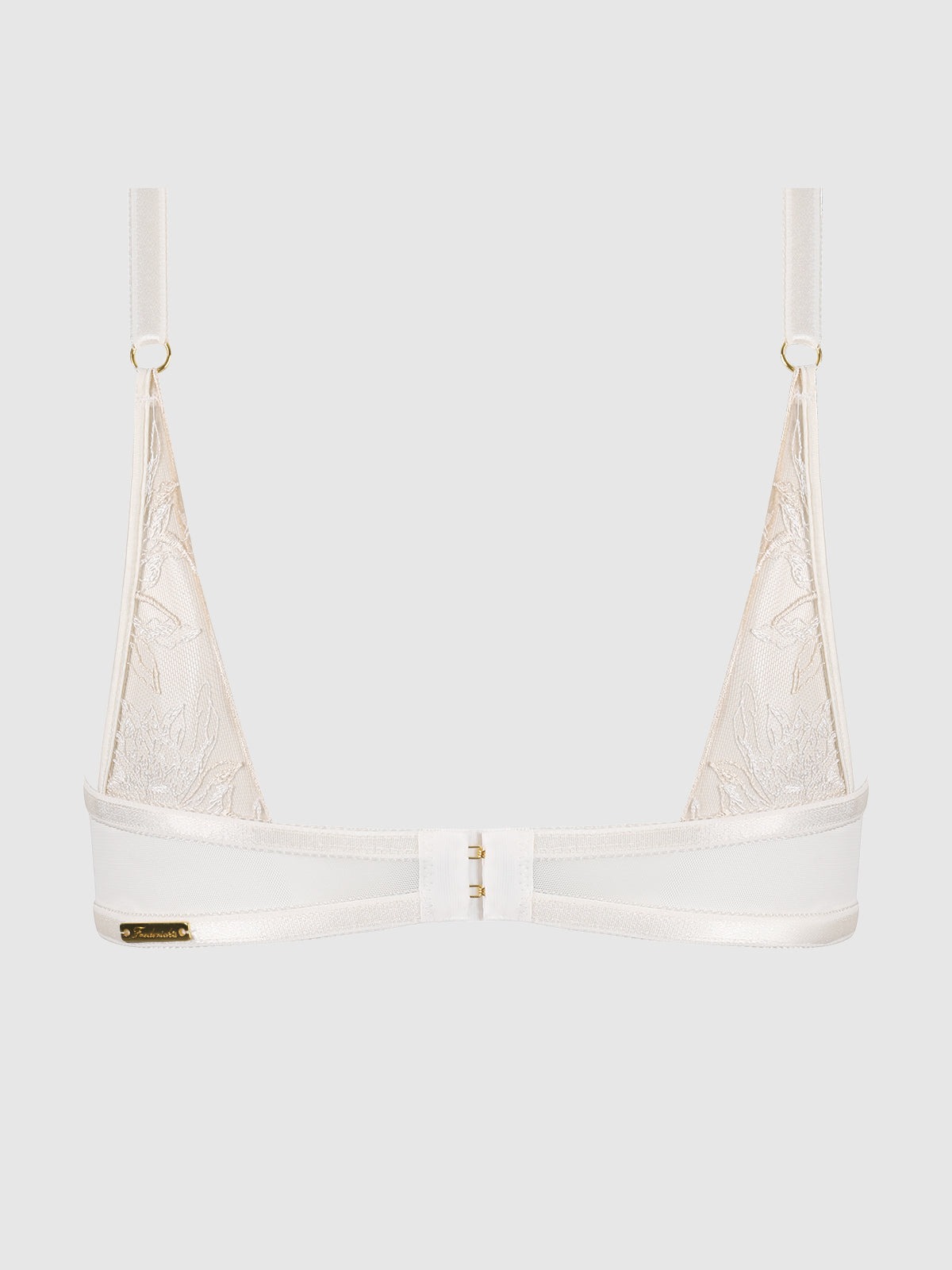 The Delfina Embroidered Push Up Half Cup Bra by Frederick's of Hollywood features sheer, embroidered triangle cups, adjustable straps, and a front clasp closure, shown against a plain light gray background.