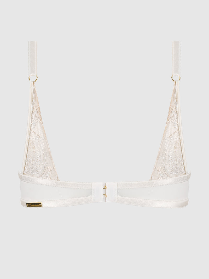 The Delfina Embroidered Push Up Half Cup Bra by Frederick's of Hollywood features sheer, embroidered triangle cups, adjustable straps, and a front clasp closure, shown against a plain light gray background.