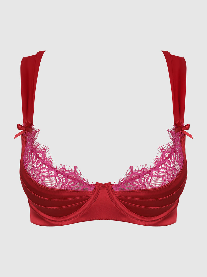 The Frederick's of Hollywood Rosalind Satin & Lace Satin Half Cup Bra is a vibrant red push-up style featuring pink lace detailing, decorative bows on the straps, and supportive underwire—all showcased on a plain white background for an elegant and comfortable addition to any lingerie collection.