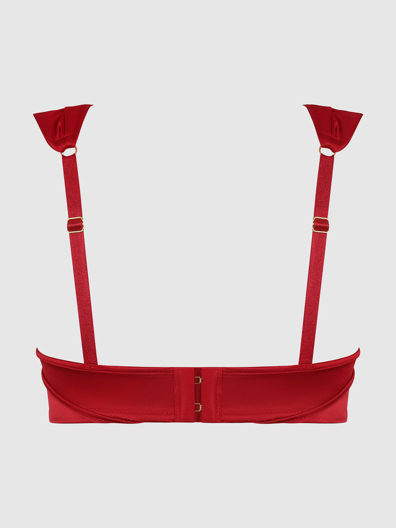 Rosalind Satin & Lace Satin Half Cup Bra by Frederick's of Hollywood in red, shown from the back. Features adjustable straps with bow accents and a hook-and-eye closure, set against a plain light gray background.