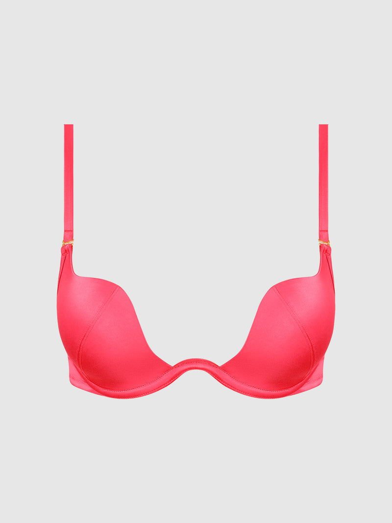 The Frederick’s of Hollywood Petra Rising Star Plunge Push Up Bra, a vibrant pink underwire style with adjustable straps, is displayed against a plain white background.