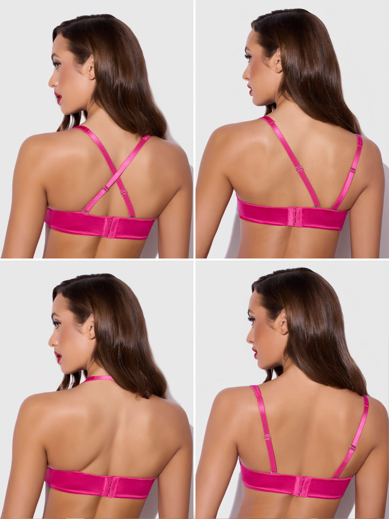 Four images show a woman with long brown hair modeling the Frederick's of Hollywood Rising Star Plunge Push Up Bra in Petra Satin, worn from the back with various strap styles: crossed, straight, halter, and one-shoulder against a light background.