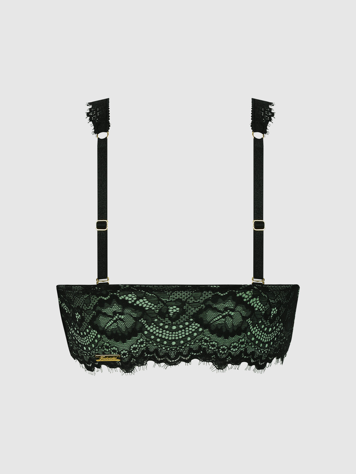 The Lexi Lace Strapless Push Up Bra by Frederick's of Hollywood features black lace, gold hardware, and scalloped edges, shown against a plain white background.