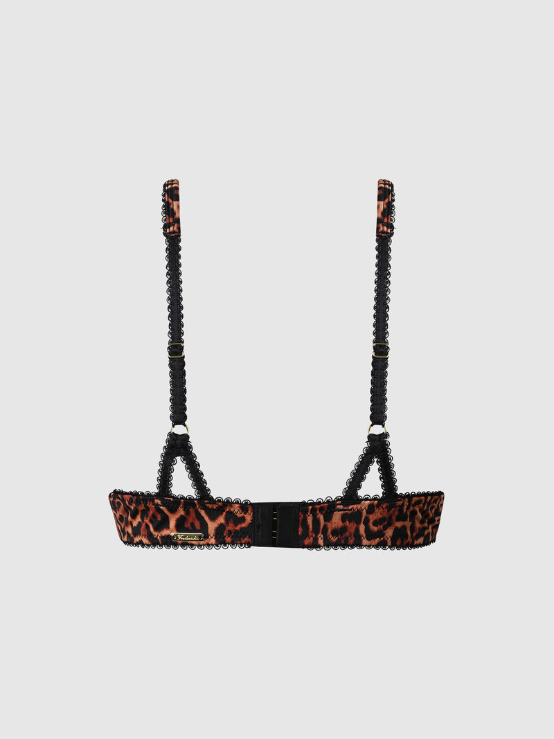 The Raven Leopard And Lace Bra by Frederick's of Hollywood is shown from the back against a plain white background, featuring a leopard print design, black adjustable straps, and delicate lace trim.