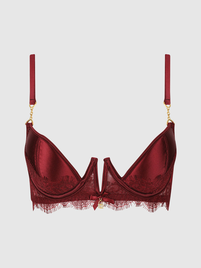 Deep red satin and lace Lilith Lace & Mesh V Wire Bra featuring a low center gore with a small padlock charm.