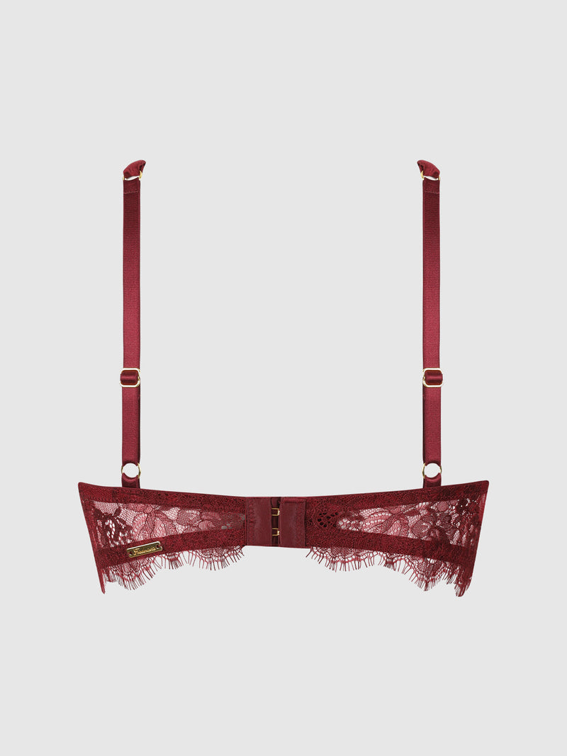 Back view of the Lilith Lace & Mesh V Wire Bra in dark red, featuring adjustable straps and a hook-and-eye closure.
