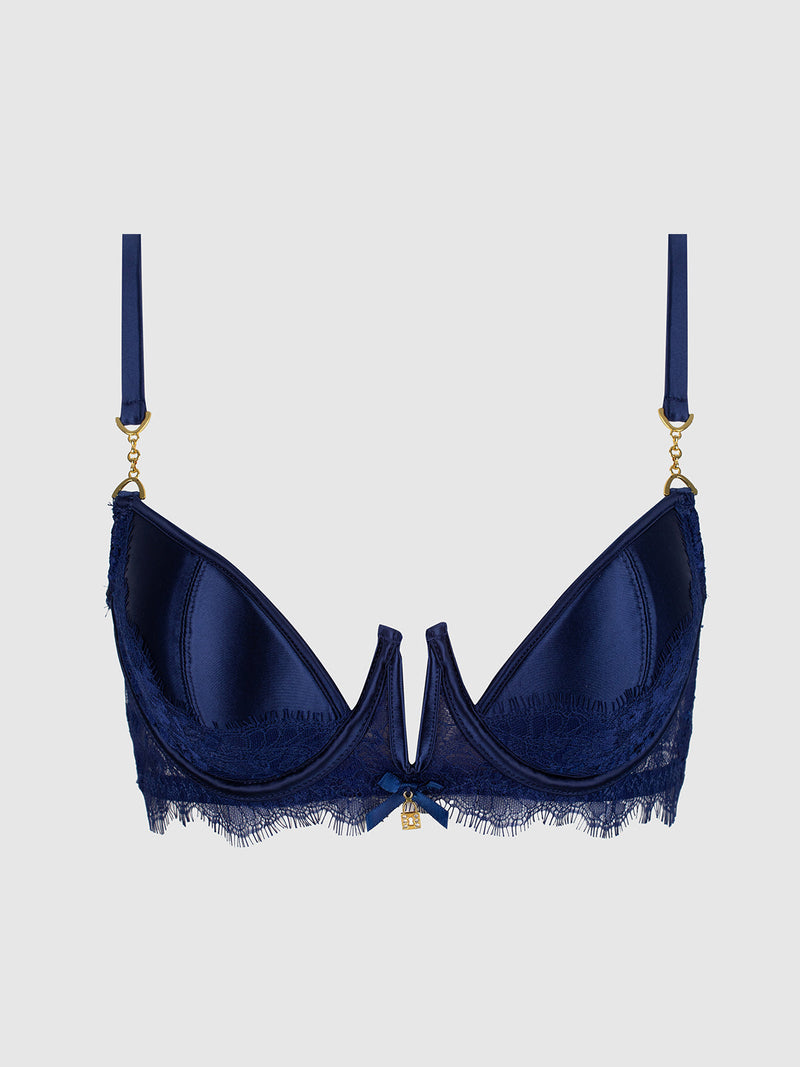 Frederick’s of Hollywood Lilith Lace & Mesh V Wire Bra in dark blue with a deep V-shaped center, lace trim, and gold-tone hardware.