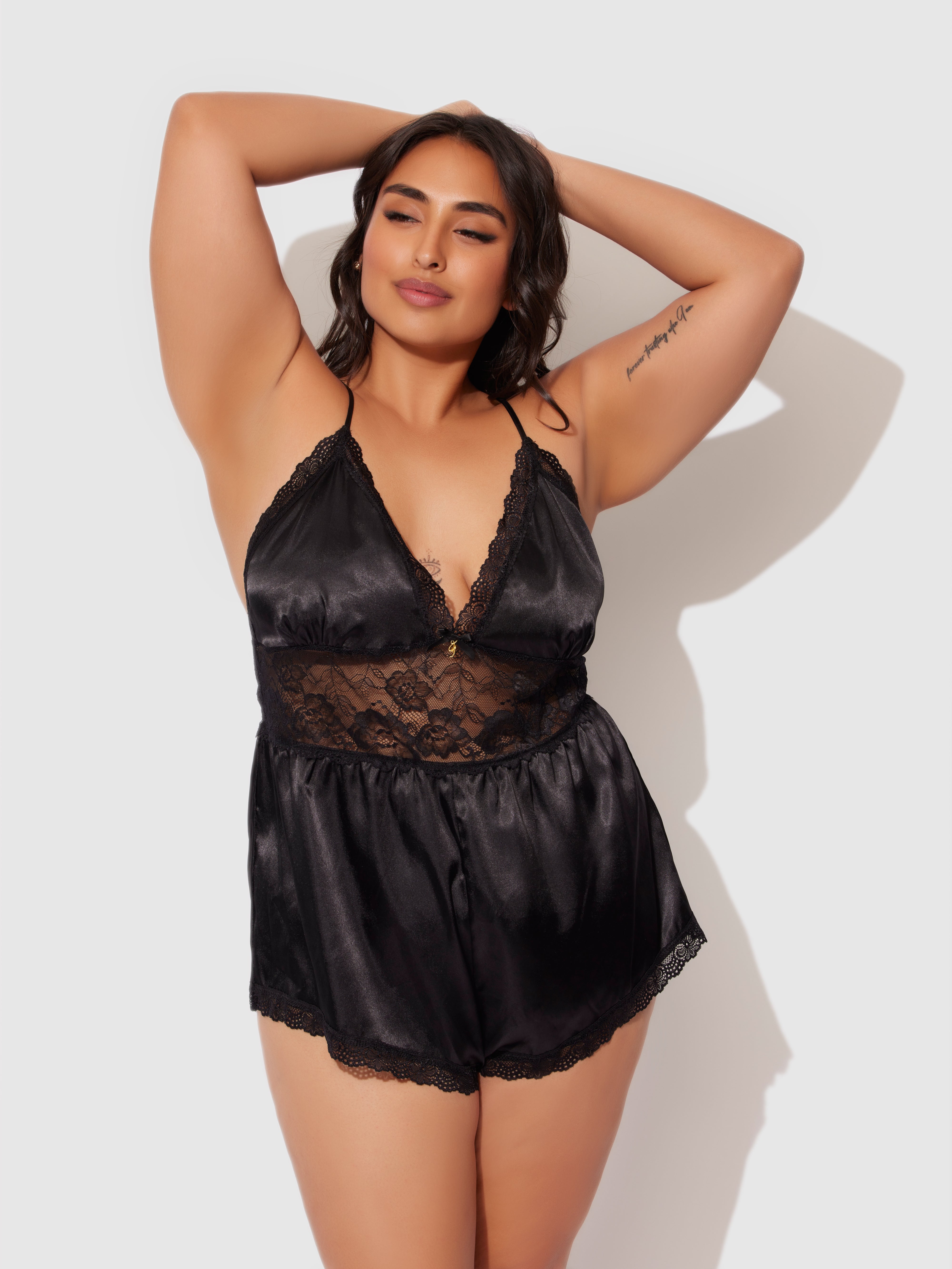 Elisa Satin & Lace Racerback Sleep Romper - Frederick's Of Hollywood