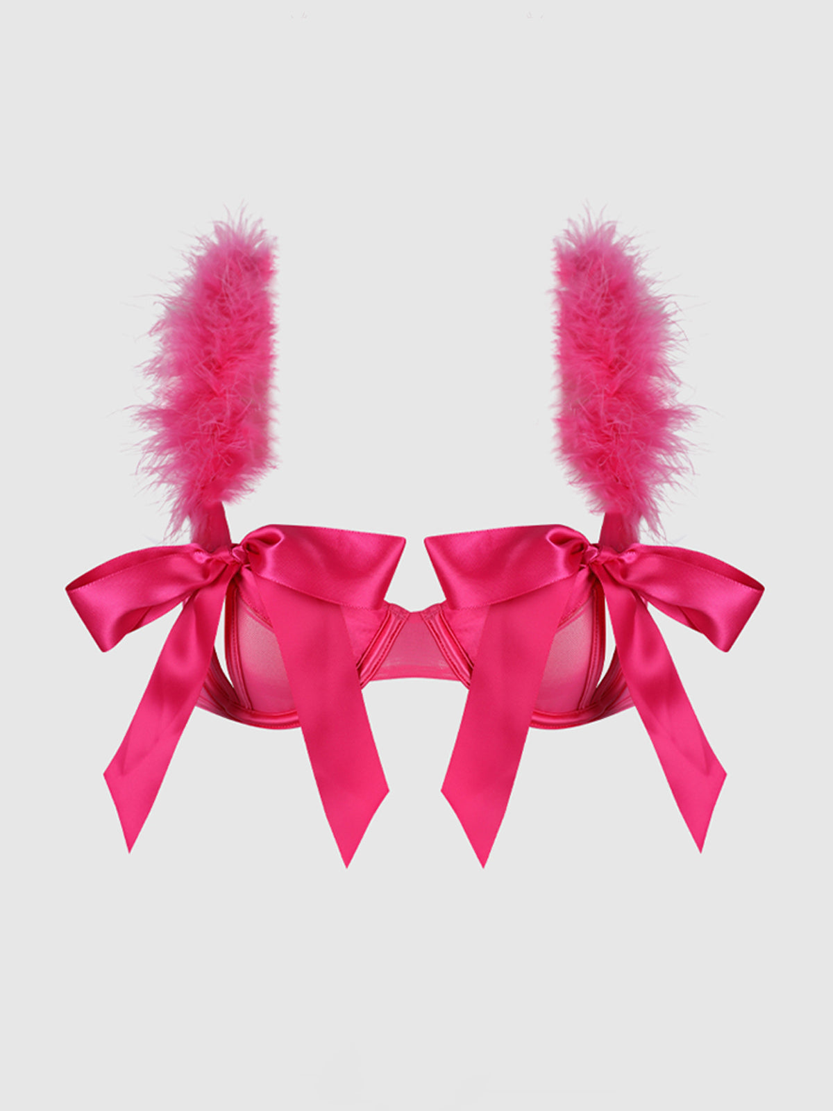The Scarlett Marabou & Mesh Openable Cup Bra by Frederick's of Hollywood features bright pink satin, large bows, and fluffy feather trim on the straps for a sculpted bustline, shown against a plain light background.