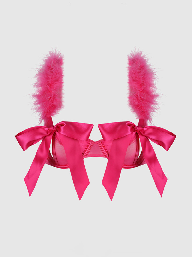 Scarlett Marabou & Mesh Openable Cup Bra in hot pink satin, featuring marabou feather trim on the straps and large satin bows at the center of each open cup.