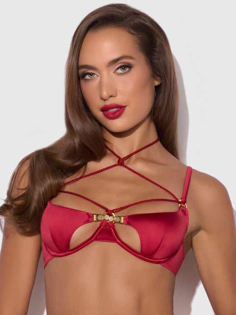 Nadya Liquid Satin & Rope Openable Cup Bra in red satin with a demi cup design, featuring gold hardware and edgy rope straps that cross at the neck.