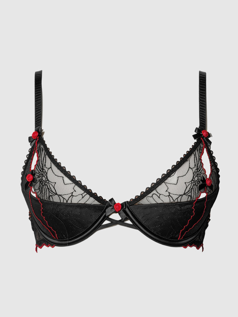 Ilaria Embroidered Tulle Slit Cup Bra in black featuring spiderweb detailing, red scalloped trim, and small red rose accents.