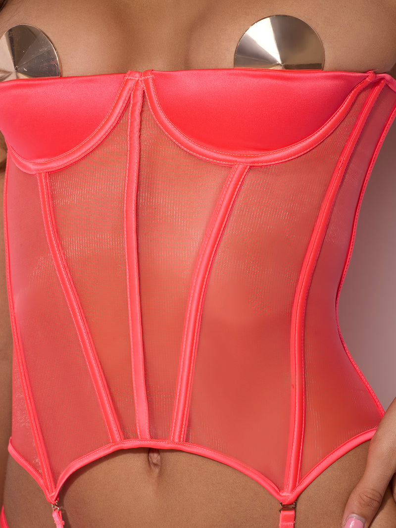 Petra Satin Open Cup Satin Corset in coral, featuring open cups, vertical boning, and sheer mesh panels.