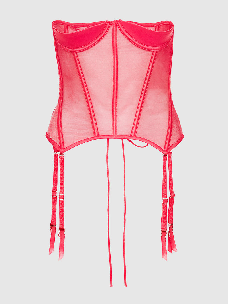 The Petra Satin Open Cup Corset by Frederick’s of Hollywood features a sheer, bright pink satin finish with visible boning, open underwire cups, and four adjustable garter straps. The back is designed without lacing, and the fabric is slightly transparent for a seductive look.