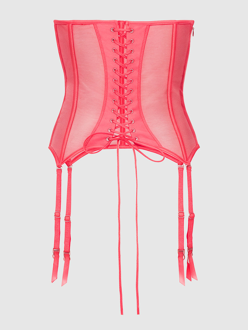 The Petra Satin Open Cup Corset by Frederick’s of Hollywood features a pink sheer design with front lace-up detail, boned seams, and four adjustable garter straps. The corset offers a fitted silhouette and is displayed against a plain white background.