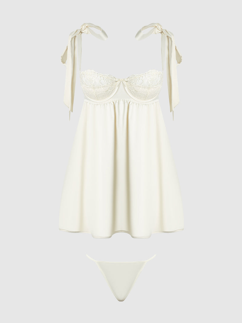 Melrose Satin & Embroidered Lace Underwire Babydoll Set - Frederick's of Hollywood