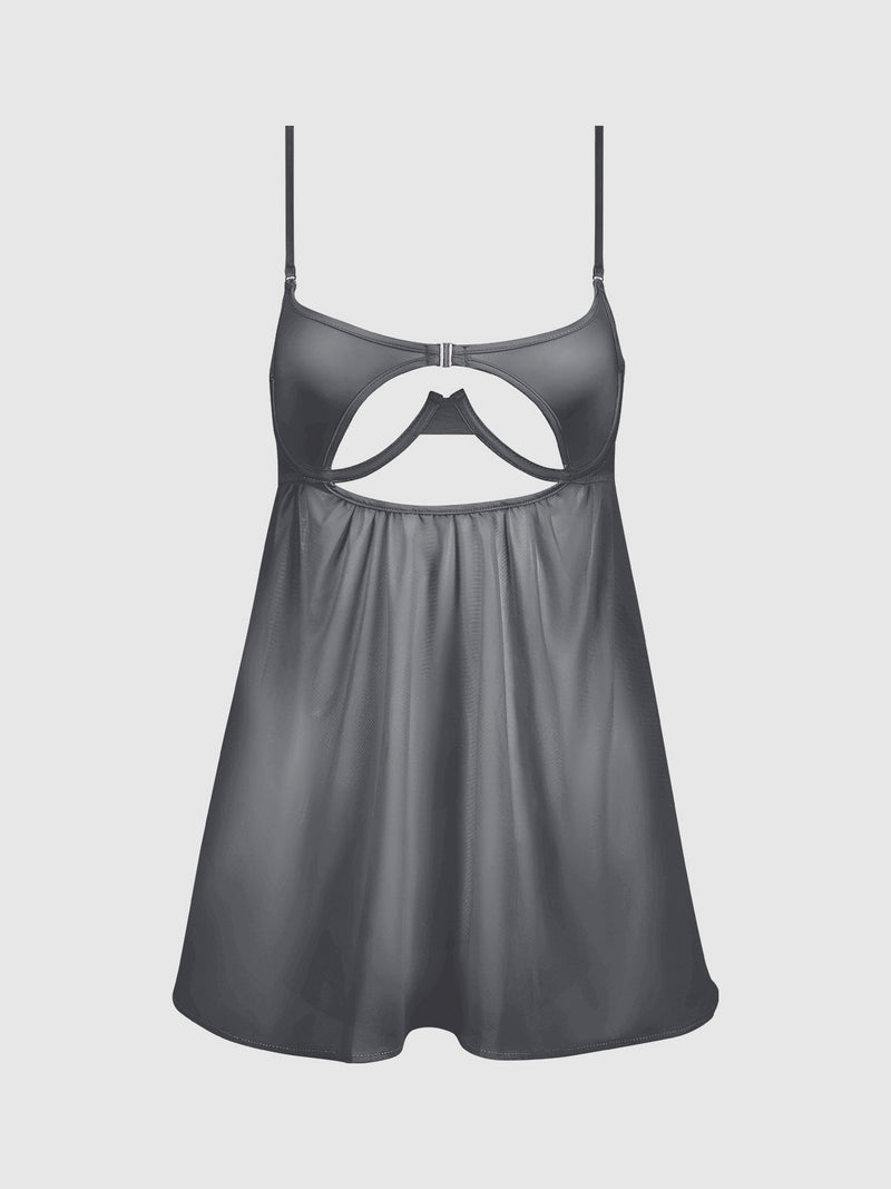 The Neev Oil Slick Openable Cup Underwire Babydoll by Frederick's of Hollywood is a sheer dark gray lingerie dress with adjustable straps, chest clasp, and bust cut-out, crafted from oil slick fabric for comfort and allure.