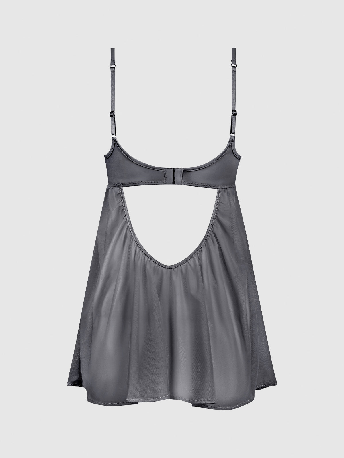 The Frederick's of Hollywood Neev Oil Slick Openable Cup Underwire Babydoll features sheer gray fabric, adjustable shoulder straps, a back hook closure, open back design, and a flowy translucent skirt for a playful touch.