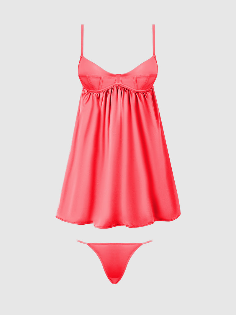 The Petra Satin & Mesh Underwire Babydoll & G-String Set by Frederick’s of Hollywood, featuring bright pink satin, thin straps, and matching panties, is displayed on a plain white background.