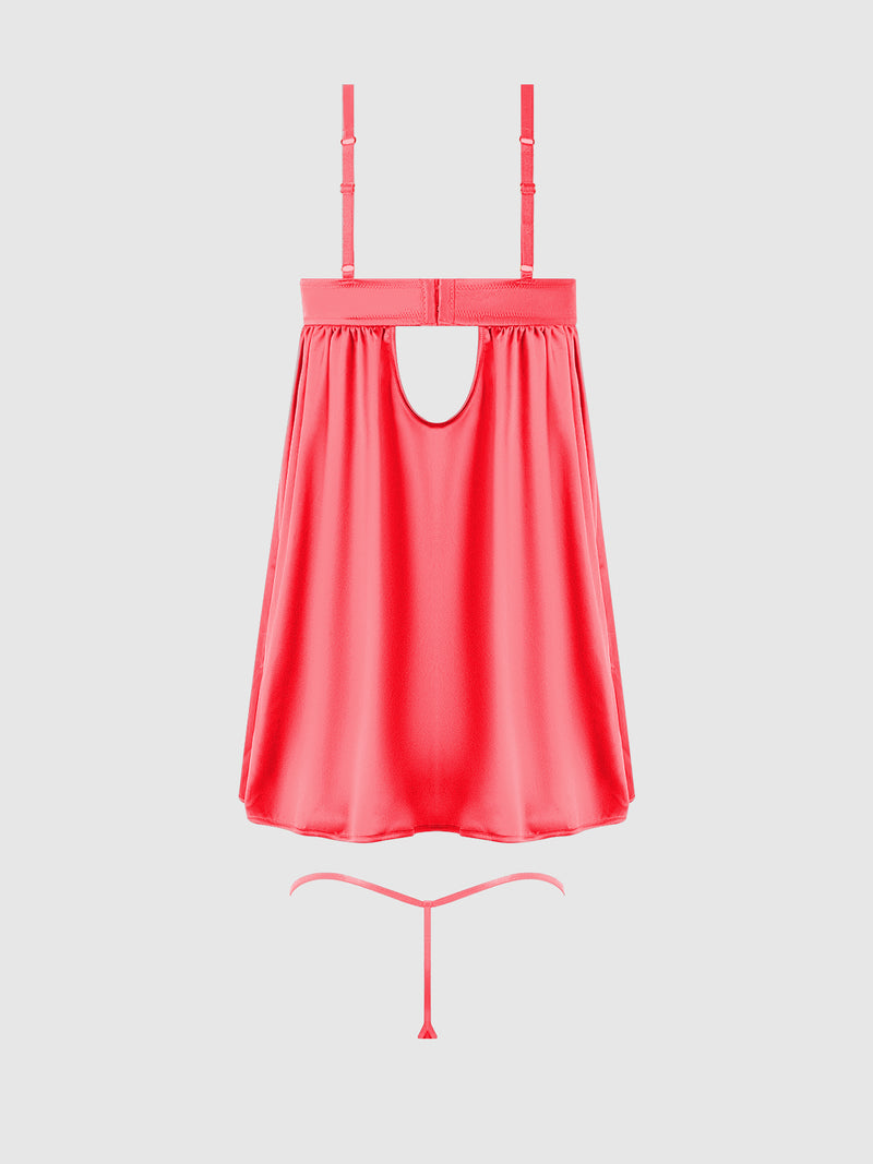 The Frederick’s of Hollywood Petra Satin & Mesh Underwire Babydoll & G-String Set is featured in a vibrant pink hue, showcasing adjustable straps, a keyhole open back detail, and includes a matching thong, all displayed against a light gray background.