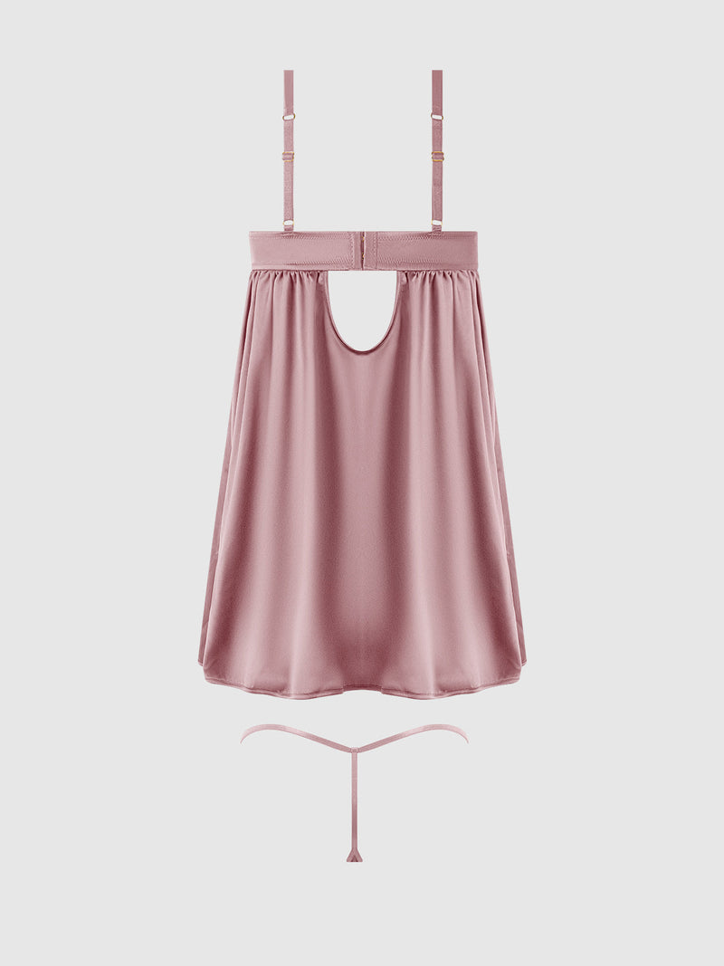 The Petra Satin & Mesh Unlined Corset Cup Babydoll Set by Frederick's of Hollywood features a pink satin lingerie dress with corset-inspired cups, adjustable straps, a back keyhole, and includes a matching thong, shown on a plain white background.