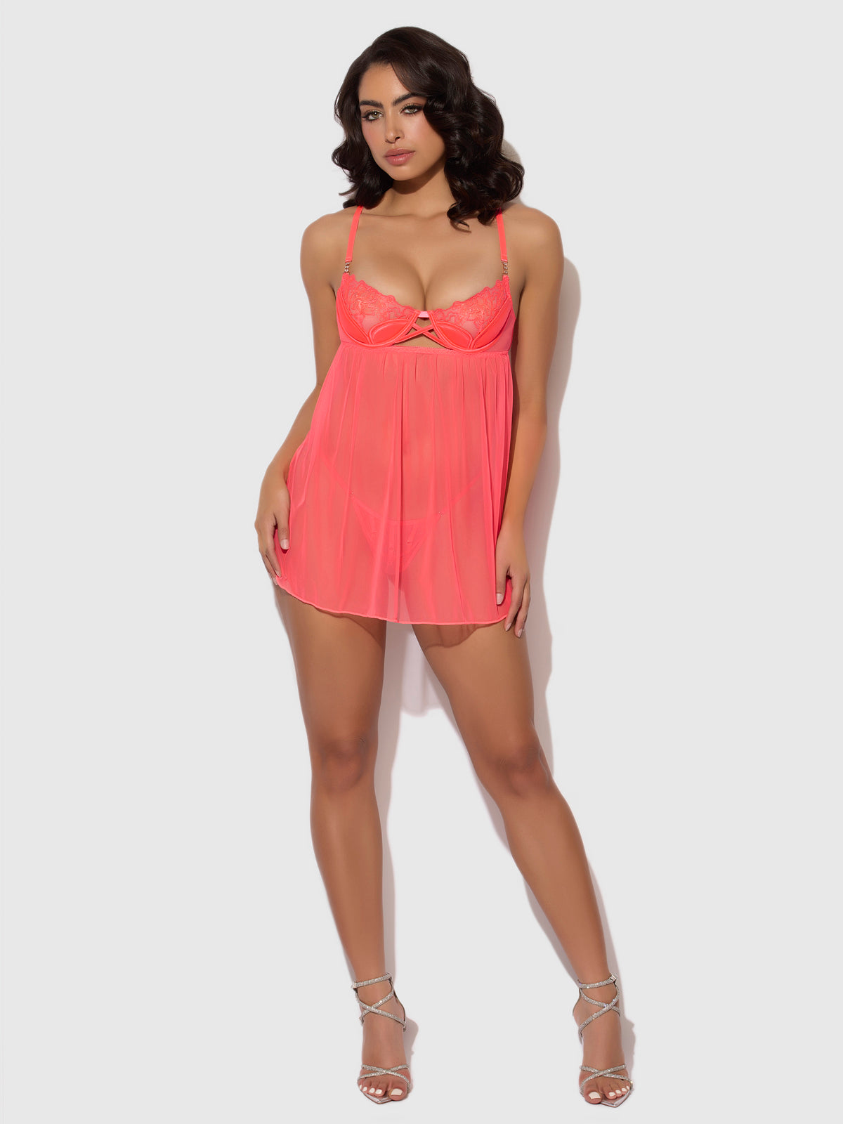 Wren Satin & Embroidered Tulip Demi Babydoll - Frederick's of Hollywood