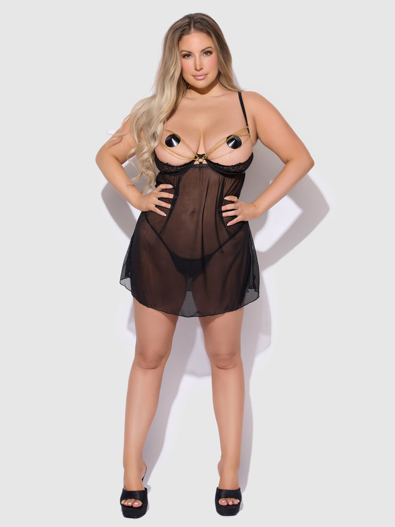 Maeve Chain & Lace Open Cup Mesh Babydoll - Frederick's of Hollywood