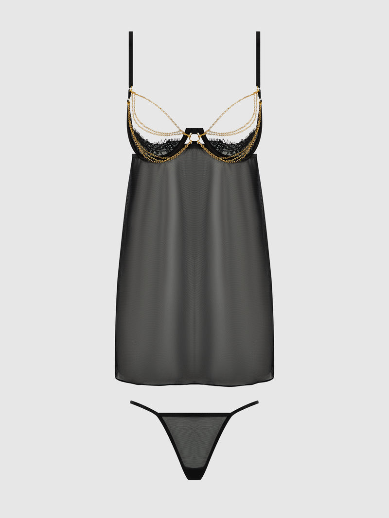 Maeve Chain & Lace Open Cup Mesh Babydoll - Frederick's of Hollywood