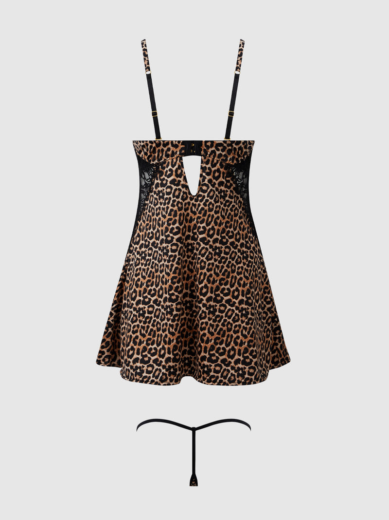 The Frederick's of Hollywood Rising Star Plunge Push Up Babydoll in Liquid Satin & Lace features leopard print, black adjustable straps, lace side panels, a front keyhole cutout, and includes a matching black thong.