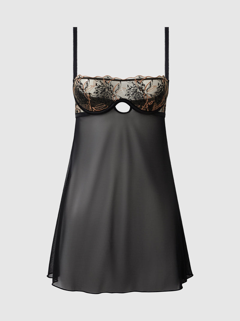 The Delfina Embroidered Mono Wire Babydoll by Frederick's of Hollywood features a black sheer design with thin straps, lace embroidery on the bust, a keyhole cut-out, and mesh accents on the flowy, above-the-knee skirt.