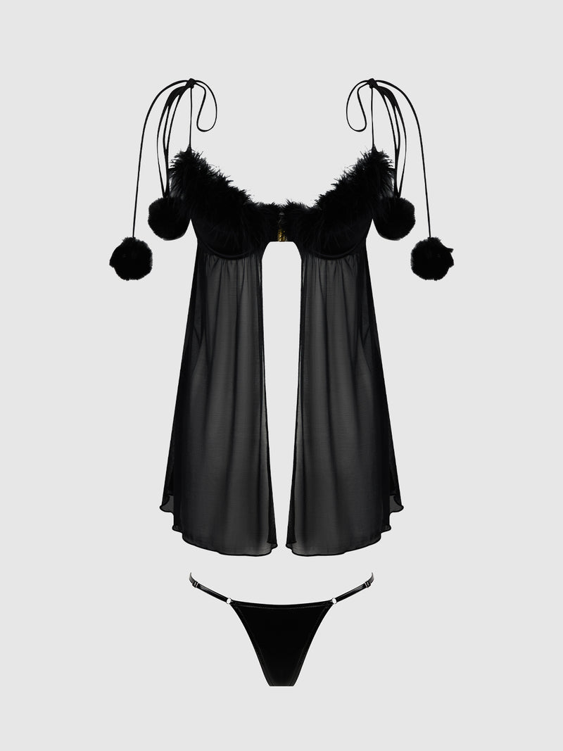 Scarlett Drop Off Open Front Marabou Babydoll & G-String - Frederick's of Hollywood