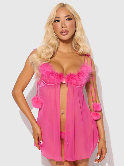 Scarlett Drop Off Open Front Marabou Babydoll & G-String
