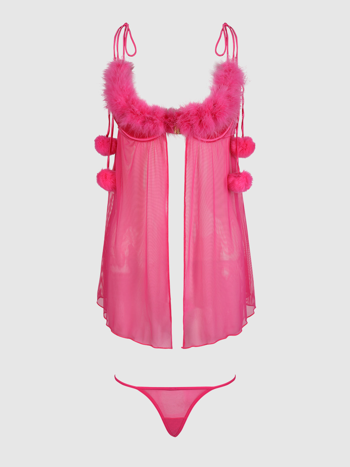 The Frederick's of Hollywood Scarlett Drop Off Open Front Marabou Babydoll & G-String features a bright pink sheer babydoll top with feather trim and pom-pom accents, thin straps, and a matching G-string, shown on a plain white background.