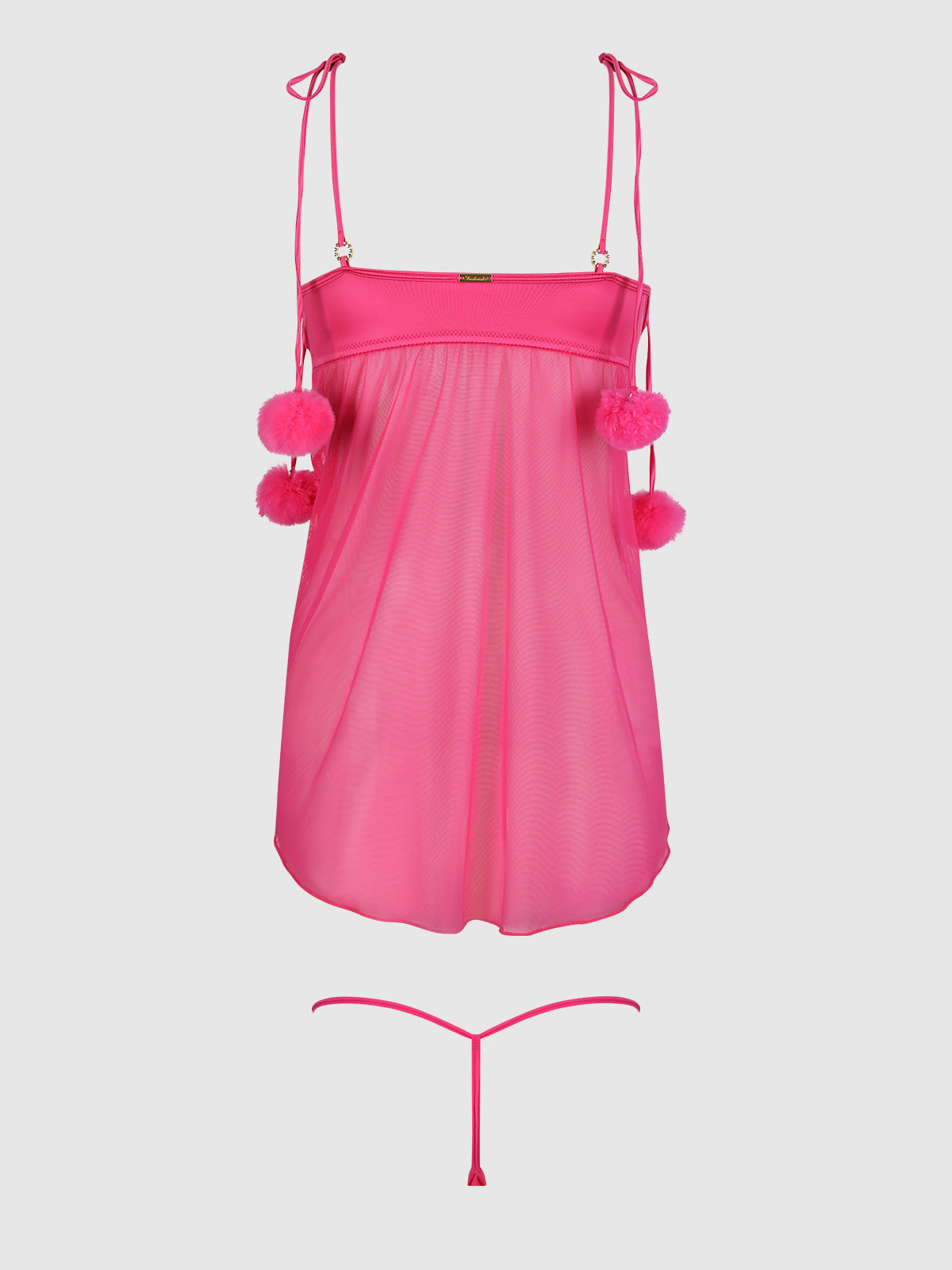 The Frederick’s of Hollywood Scarlett Drop Off Open Front Marabou Babydoll & G-String is a hot pink sheer lingerie set with adjustable straps, playful marabou trim on the front, and a matching minimal G-string, shown on a white background.