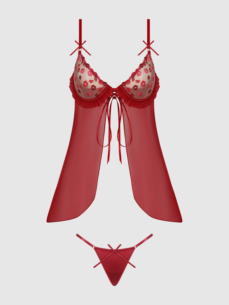Angelica Lips Embroidery Babydoll Set - Frederick's of Hollywood