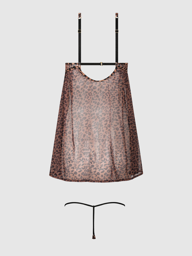 The Kaia Leopard Mesh Underwire Babydoll & G-String Set by Frederick's of Hollywood features a sheer, brown leopard-print dress with black adjustable straps and a matching black thong, shown on a plain light gray background.