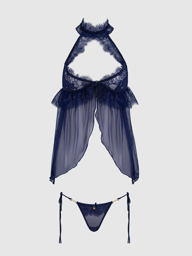 Lilith Lace & Mesh Halter Babydoll Set in navy blue lace and mesh with a matching thong featuring gold hardware.