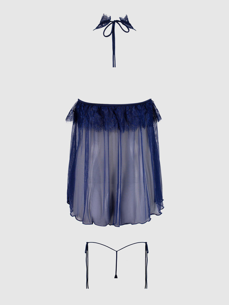 Lilith Lace & Mesh Halter Babydoll Set featuring a navy blue lace halter babydoll with a mesh skirt and matching thong.